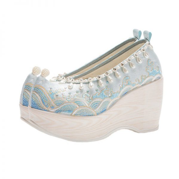 Vintage Embroidery Wave Print Pearl Platform High Heels Shoes - Modakawa Modakawa