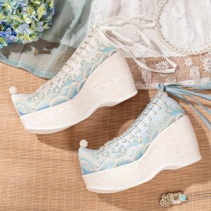 Vintage Embroidery Wave Print Pearl Platform High Heels Shoes - Modakawa Modakawa