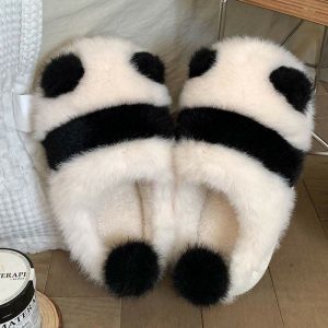 Lovely Cartoon Panda Fuzzy Ball Plush Slippers - Modakawa Modakawa