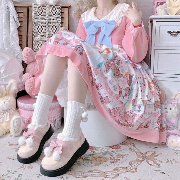 Platform Bow Knot Plush Lolita Mary Janes Shoes - Modakawa Modakawa