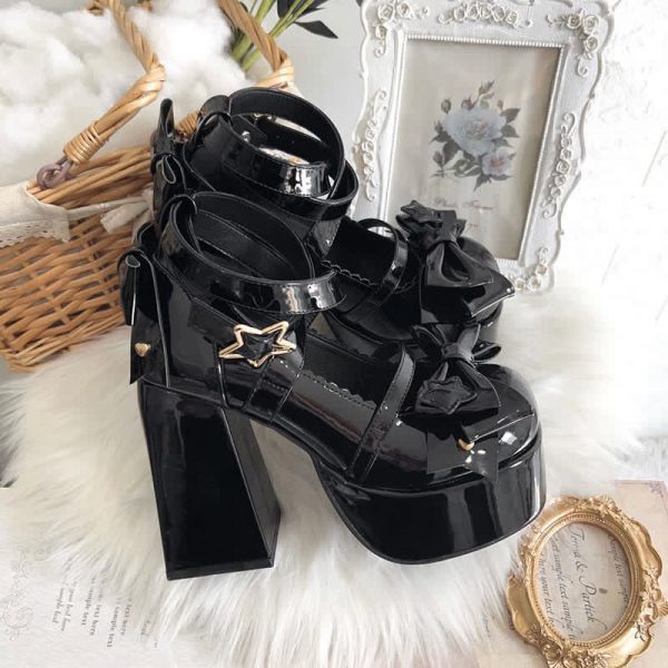 Bow Knot Star Buckle Lolita High-heeled Shoes - Modakawa modakawa