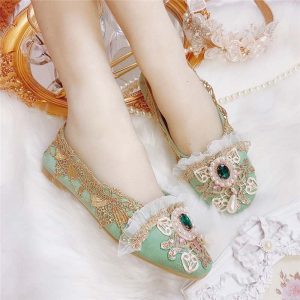 Vintage Lace Pearl Rhinestone Embroidery Flat Shoes - Modakawa Modakawa