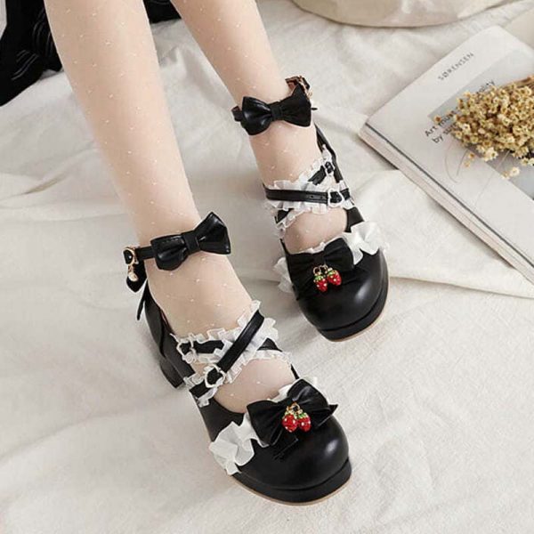 Lace Bow Lolita Kitten Heel Mary Janes Shoes - Modakawa Modakawa