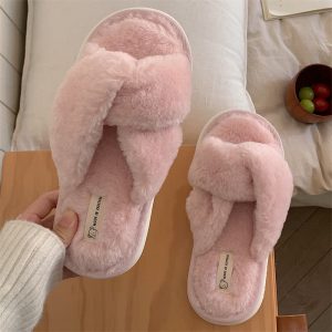 Pure Color Cross Casual Plush Slippers - Modakawa Modakawa