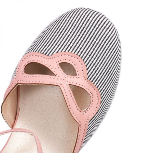 Polka Stripe Print Round Toe Chunk Heel Sandals - Modakawa modakawa