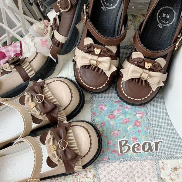 Bow Knot Button Bear Platform Lolita Shoes - Modakawa modakawa