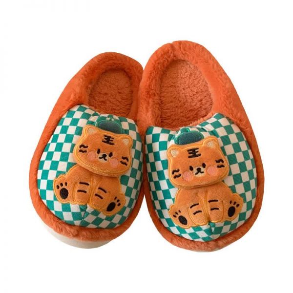 Cute Cartoon Tiger Plaid Plush Slippers - Modakawa Modakawa