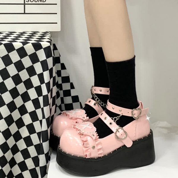 Punk Cross Love Heart Chain Strap Buckle Platform Lolita Shoes - Modakawa modakawa