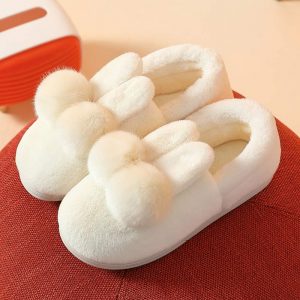 Rabbit Ears Plush Fur Pom Pom Slippers - Modakawa Modakawa