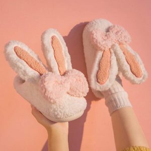 Rabbit Ears Bow Knot Plush Slippers - Modakawa modakawa