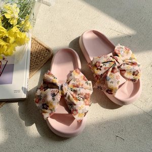 Floral Print Bow Knot Casual Slippers - Modakawa Modakawa