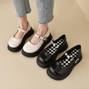 Pure Color Round Toe Mary Janes Shoes - Modakawa Modakawa