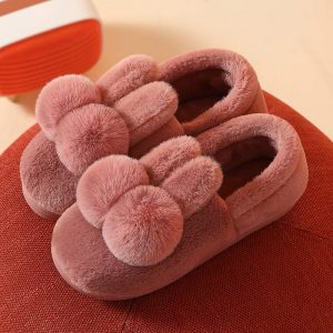 Rabbit Ears Plush Fur Pom Pom Slippers - Modakawa Modakawa