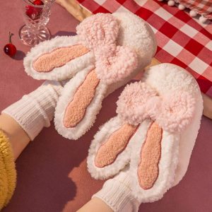 Rabbit Ears Bow Knot Plush Slippers - Modakawa modakawa