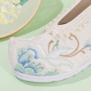 Vintage Embroidery Floral Print Pearl Trim Flats Shoes - Modakawa Modakawa