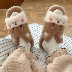 Lovely Cartoon Bear Colorblock Plush Slippers - Modakawa Modakawa