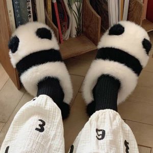 Lovely Cartoon Panda Fuzzy Ball Plush Slippers - Modakawa Modakawa