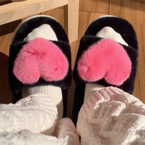 Cute Love Heart 3D Decor Plush Slippers - Modakawa Modakawa