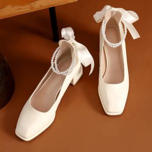 Pearl Bow Mary Janes High-heeled Shoes - Modakawa Modakawa