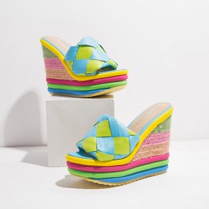 Rainbow Colorblock Chunky Heel Slippers - Modakawa Modakawa