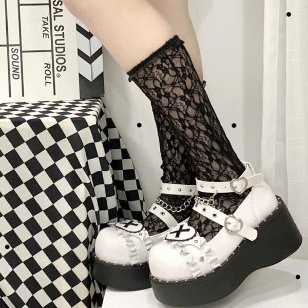 Punk Cross Love Heart Chain Strap Buckle Platform Lolita Shoes - Modakawa modakawa