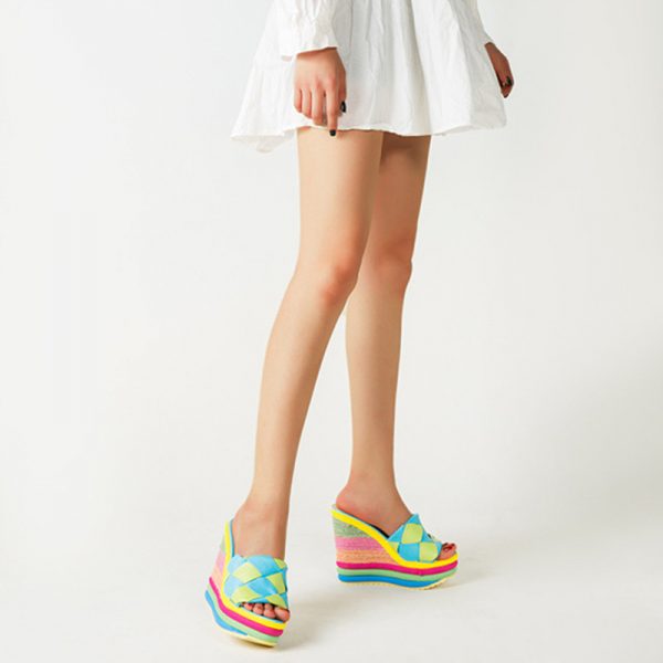 Rainbow Colorblock Chunky Heel Slippers - Modakawa Modakawa