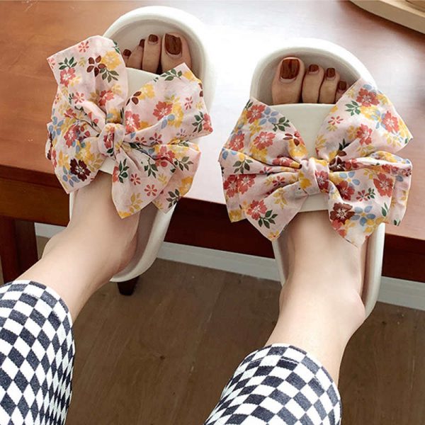 Floral Print Bow Knot Casual Slippers - Modakawa Modakawa