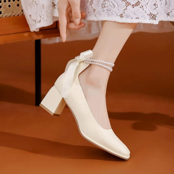 Pearl Bow Mary Janes High-heeled Shoes - Modakawa Modakawa