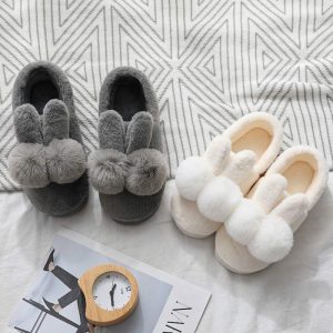 Rabbit Ears Plush Fur Pom Pom Slippers - Modakawa Modakawa